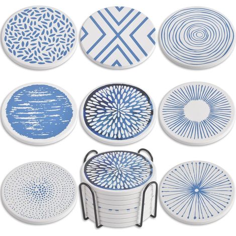 Set Mit 8 Saugfähigen Keramikuntersetzern Mit Metallhalter, Elegant Und Schlicht Für Den Couchtisch
