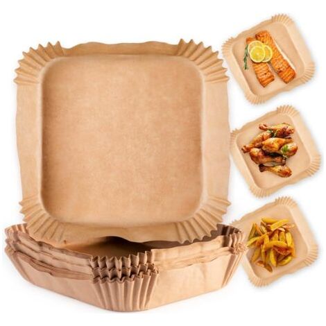 Qorva – Packung Mit 200 Backpapierbögen Für 5-6 Liter Heißluftfritteusen – Antihaft- Und Ölbeständiges Backpapier – Flexible Form – 20 X 20 X 4,5 Cm