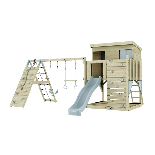 Spielturm Aksel aus Holz in BlauTrapezstange - Polarplay
