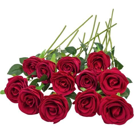 Qorva 12 Stück Künstliche Rote Rosen Mit Samtiger Textur, Natürlicher Und Realistischer Künstlicher Blumenstrauß, 49 Cm Lange Künstliche Rosen Für Brautsträuße, Heimdekoration, Hochzeiten, Partydekora