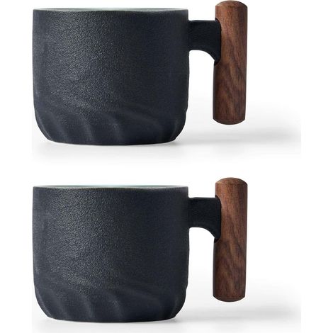 Keramik-kaffeetassen Mit Holzgriffen, Keramik-teetassen, Teetassen Oder Halbe Tassen, Für Kaffee Oder Tee (schwarz, 2)