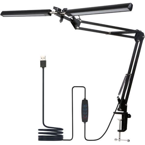 Rhg Led-schreibtischlampe, Doppelkopf-schreibtischlampe, 5 Farbmodi, 5 Helligkeitsstufen, Flexibler Schwanenhals Und Platzsparende Klemmleuchte, Tischlampe, Schwarz