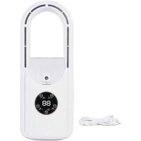 Qorva – Rotorblattloser Ventilator, 6 Geschwindigkeitsstufen, 100-ml-wassertank, Leiser Usb-tischventilator Mit Nebelfunktion Und Timer, Weiß