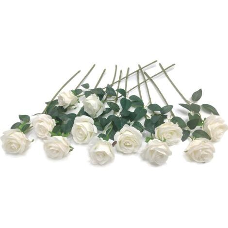 Qorva 12 Stück (weiß) Künstliche Weiße Rosen, Langstielige Künstliche Seidenrosen Für Brautsträuße, Heimdekoration, Hotel, Garten