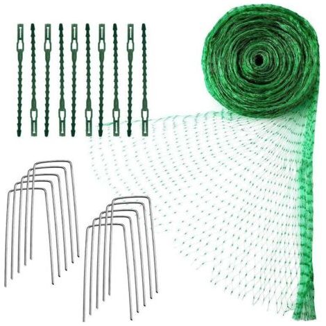 Qorva - Vogelschutznetz, 4 X 10 M Grünes Gartenvogelschutznetz Zum Schutz Von Pflanzen, Schützt Pflanzen, Früchte, Blumen Und Gemüse, 10 Erdspieße + 10 Befestigungsbänder.