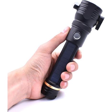 Solarbetriebene, Ultrahelle Led-taschenlampe, Wiederaufladbare Taschenlampe Mit Magnet, Hammer, Messer, Kompass, Alarm, Zoommodi Für Überleben, Camping, Auto, Wasserdicht [energieklasse A+++]