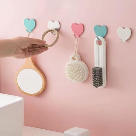 Qorva – Set Mit 6 Dekorativen Herzförmigen Haken (rosa) Aus Edelstahl Mit Starkem Kleber Für Zuhause, Küche, Bad Und Büro