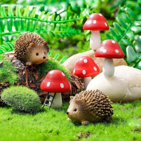 Qorva – Set Mit 6 Miniatur-gartenaccessoires Aus Kunstharz – Mini-igel Und Pilz – Gartendekoration – Feenfiguren Für Den Außenbereich – Gartenfiguren Für Pflanzen – Bonsai – Bastelbedarf