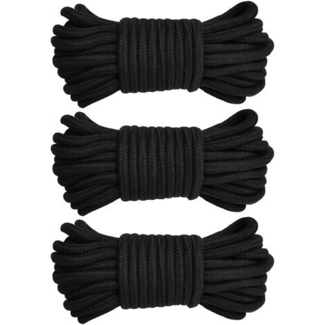 Qorva-3 Stück Gedrehtes Baumwoll-festmacherseil, Weiches Strickseil, Dicke Kordel 10 M / 33 Ft 8 Mm, Schwarz
