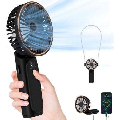 Qorva Schwarzer Handventilator, Mini-faltventilator (180°), 5 Geschwindigkeitsstufen, Lcd-display, Extrem Leise, 3600 Mah Akku, Taschenformat, Für Drinnen Und Draußen, Mit Trageschlaufe