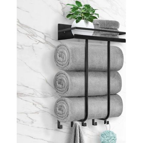 Qorva Wandmontierter Handtuchhalter Fürs Badezimmer, Mit Metallablage Und 5 Haken, Schwarz, Ideal Für Kleine Badezimmer.