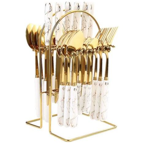 Qorva Gold Besteckset – 24-teiliges Besteckset – Edelstahlbesteck – Besteckset Für 6 Personen – Küchenutensilien – Besteckhalter
