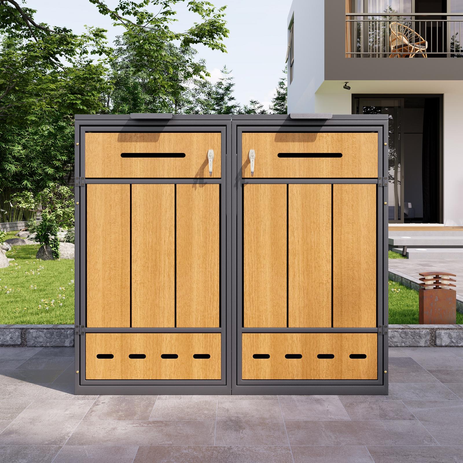 Doppel-mülltonnenbox, 132 × 84,5 × 118 Cm, Für 2 Mülltonnen À 120–240 L, Robuste Stahlverkleidung Für Den Außenbereich, Grau/holz