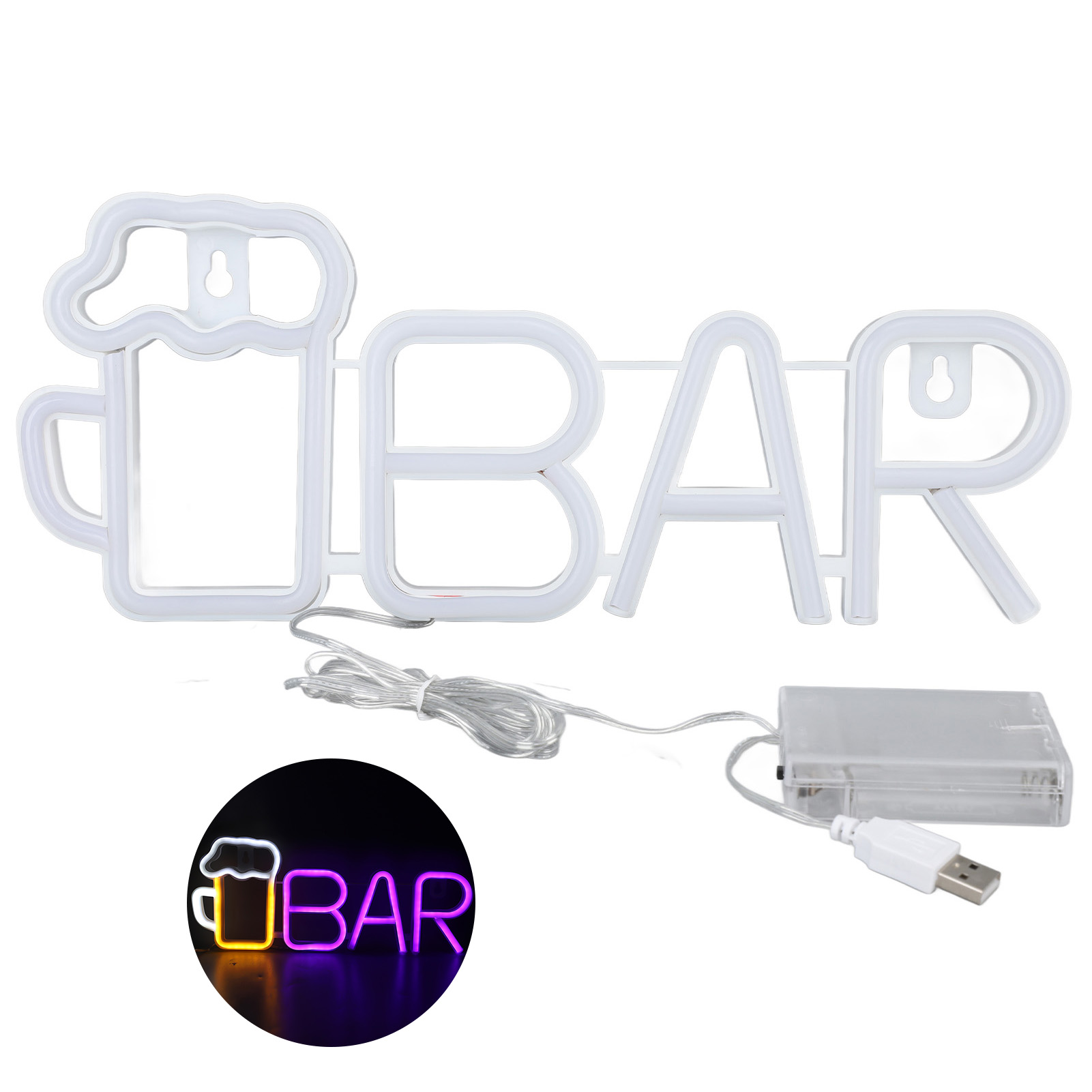 Led-neonreklame Bar 35,5 X 14,5 Cm, Usb-/batteriebetrieben, Abs/pvc, Lila, Gelb, Weiß, Für Den Innen- Und Außenbereich, Geschützte Wanddekoration