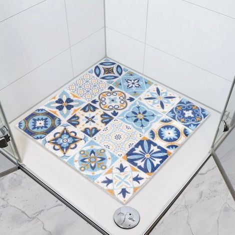 Alliandis Rutschfeste Duschmatte 60 X 40 Cm, Quadratische Badematte, Atmungsaktive Netzrückenseite – Blau-weiß Kariert