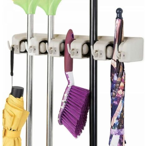 Alliandis Wandmontierter Besenhalter Mit 5 Schlitzen Und 6 Haken Für Küche, Bad, Garage Und Garten, Grau