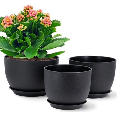 Alliandis 3er-set Kunststoff-blumentöpfe (18/16/14 Cm), Moderne Pflanzgefäße Mit Abflusslöchern Und Abnehmbarem Untersetzer, Schwarz