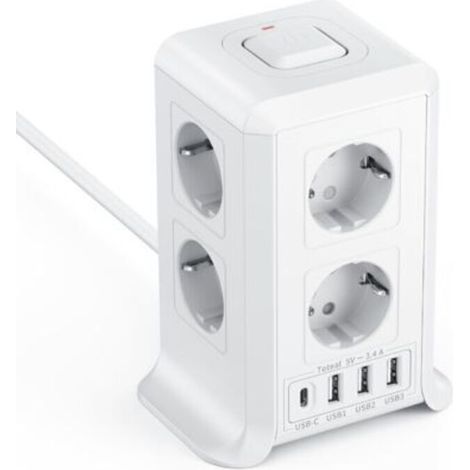 Alliandis Mehrfachsteckdose Mit Schalter - 8 Netzsteckdosen Und 4 Usb-anschlüsse - Geeignet Für Büros Und Wohnzimmer - 2 Meter Kabel, Weiß.