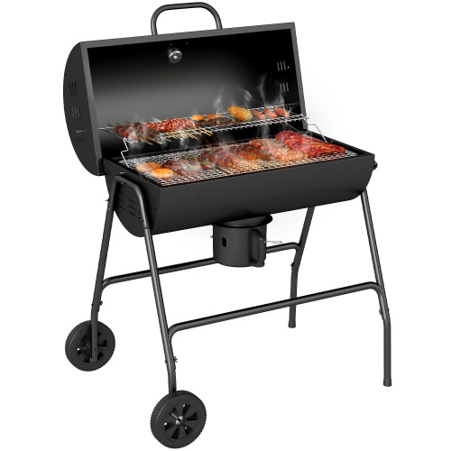 Metall Holzkohle Smoker Mit Deckel, Thermometer, Rädern, Verstellbarer Kohlewanne, Fahrbar Für Terrasse Camping 95x71,5x102cm