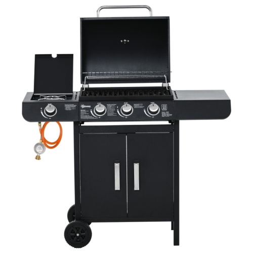 Multifunktional Gasgrill Mit 4 Brennern, Gaszubehör, Schwarzer Stahl Für Garten 110x50x100cm
