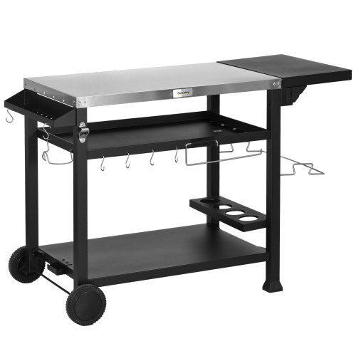 Grillwagen Mit Klappbarem Beistelltisch, 3 Etagen, 6 Haken, Rollen, Weinregal & Tischplatte Für Garten Terrasse