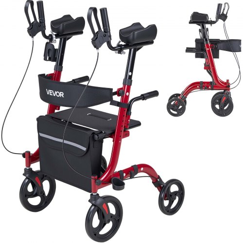 Rollator Faltbar Mit Sitz, Leichtgewicht Gehwagen Mit 4 Pvc Reifen, Gehhilfe Bis 136 Kg Mit Rückenlehne Tasche Gehstockhalter, Höheverstellbare Laufhilfe Mit Feststellfunktion Für Senioren, Rot