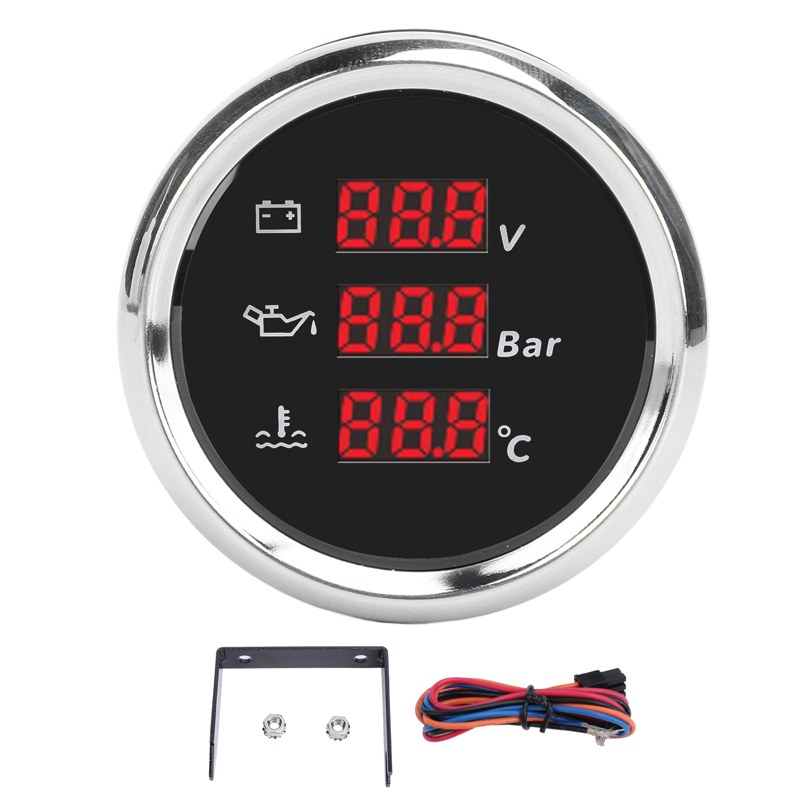 52-mm-digitalmessgerät – [marke] – 3-in-1-modell Voltmeter Für Öl Und Wasser, Wasserdicht (ip67) Aus Edelstahl, Rote Hintergrundbeleuchtung, Geeignet Für Boote, Wohnmobile Und Motorräder