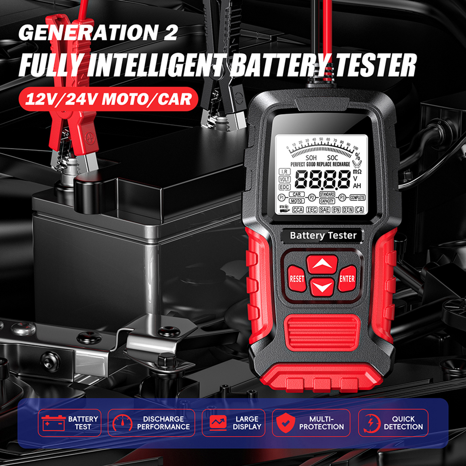 Foxsur 12v/24v Batterietester Mit Lcd-bildschirm Und Digitalem Analysator Für Auto, Motorrad, Lkw, Boot, Agm, Efb, Gel, Nassbatterien