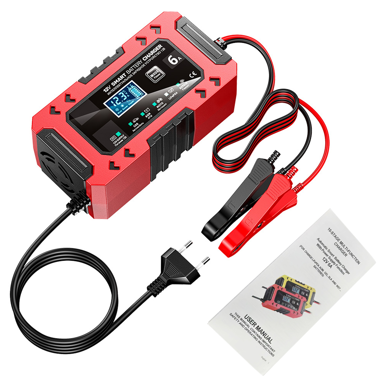 Intelligentes 12v 6a Lcd-batterieladegerät Mit Temperaturkompensation Für Auto, Motorrad, Rasenmäher, Agm, Gel, Lifepo4 Und Impulsreparatur