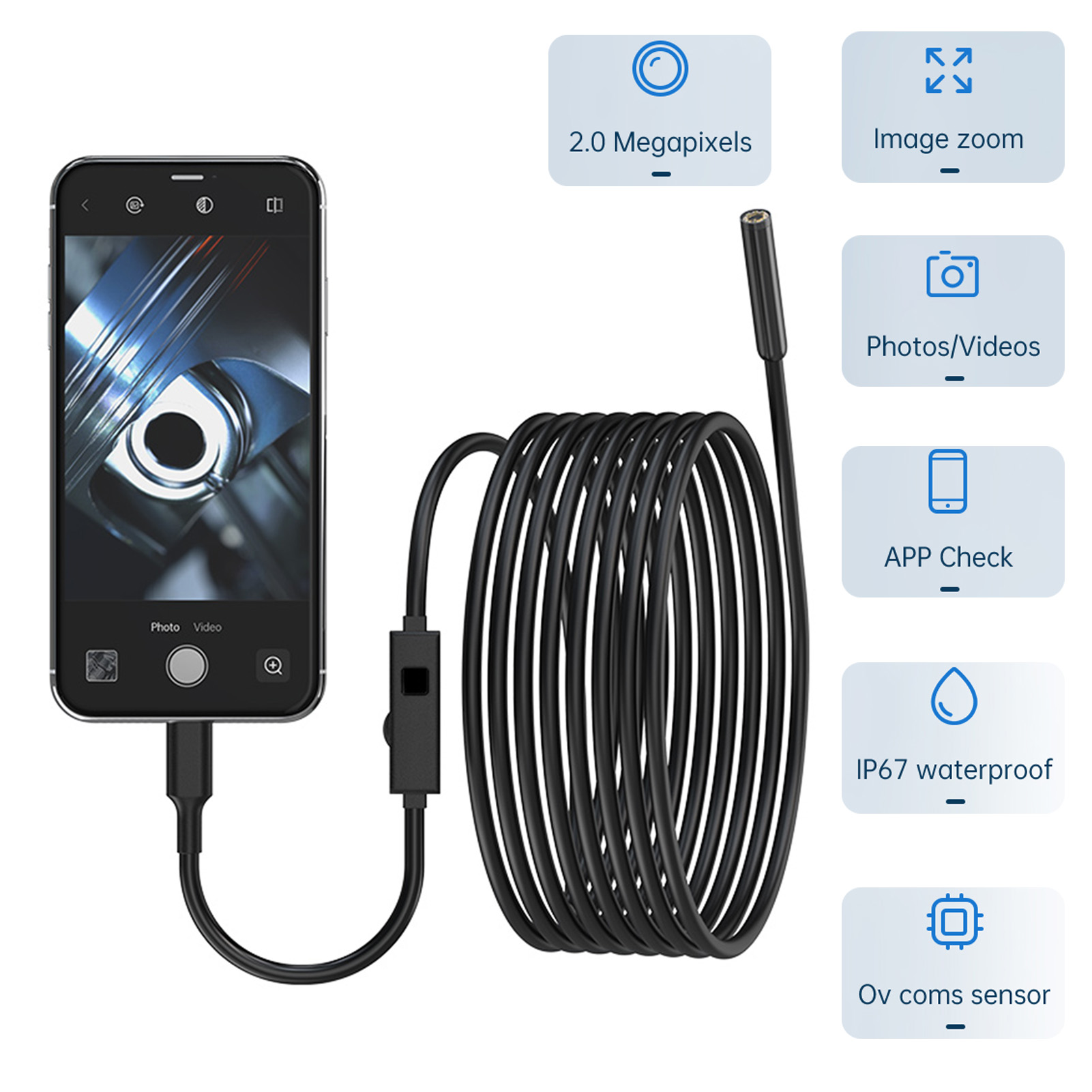 Toivize 5m Halbstarres Industrieendoskop Hd 1920x1440 Ip67 8 Leds Für Iphone, Android Und Pc