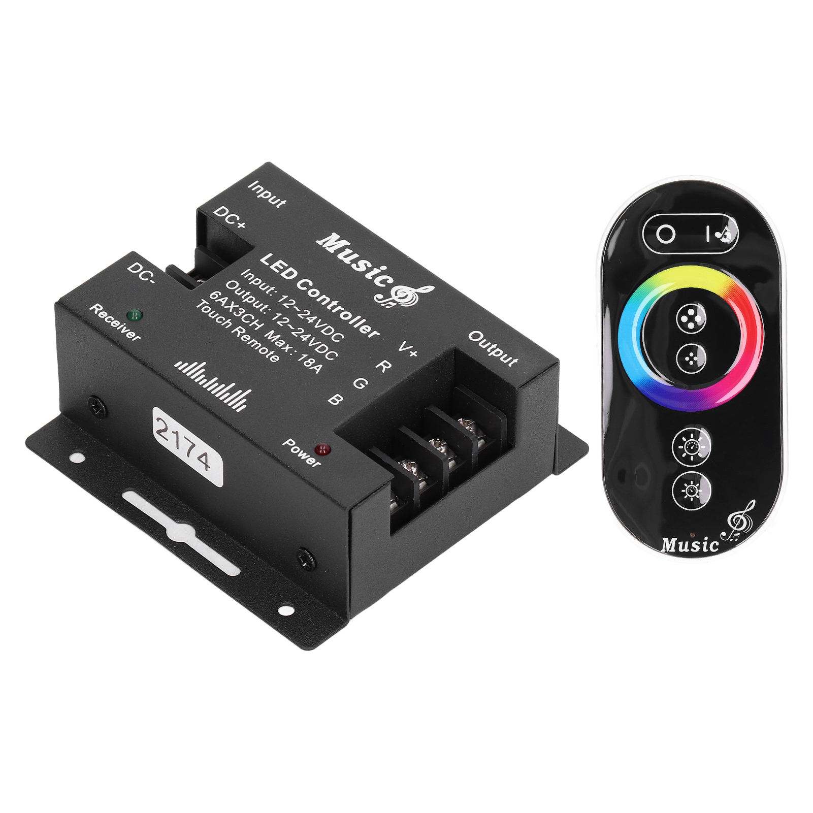 Rf-touch-rgb-led-controller, Metallgehäuse, 12–24 V, 18 A, Musiksynchronisation