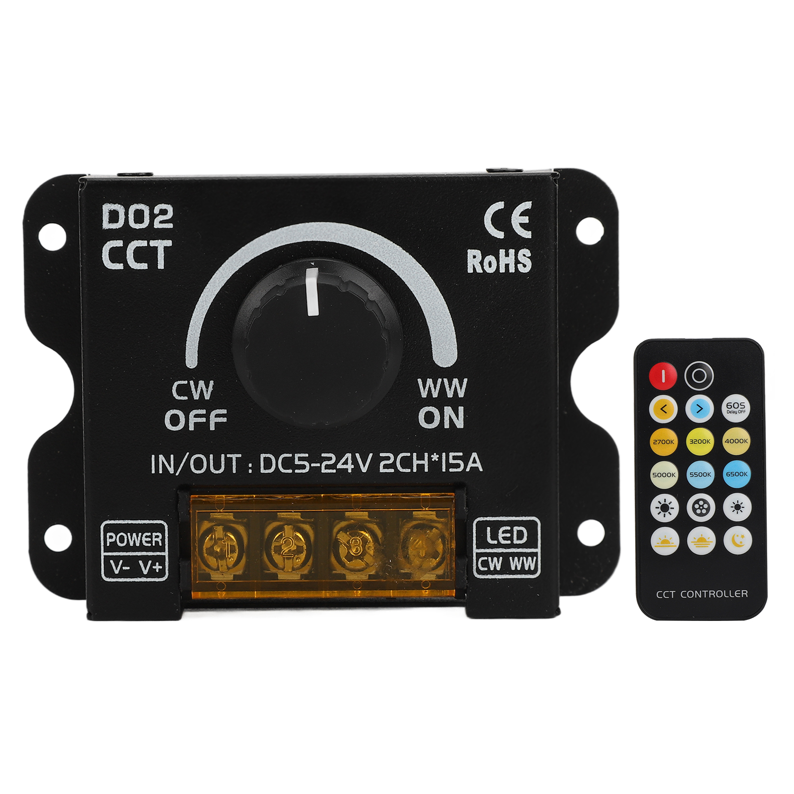 Kabelloser 2-kanal-led-dimmer Mit 360°-drehknopf Und Fernbedienung, 5–24 V Dc Für Led-streifen