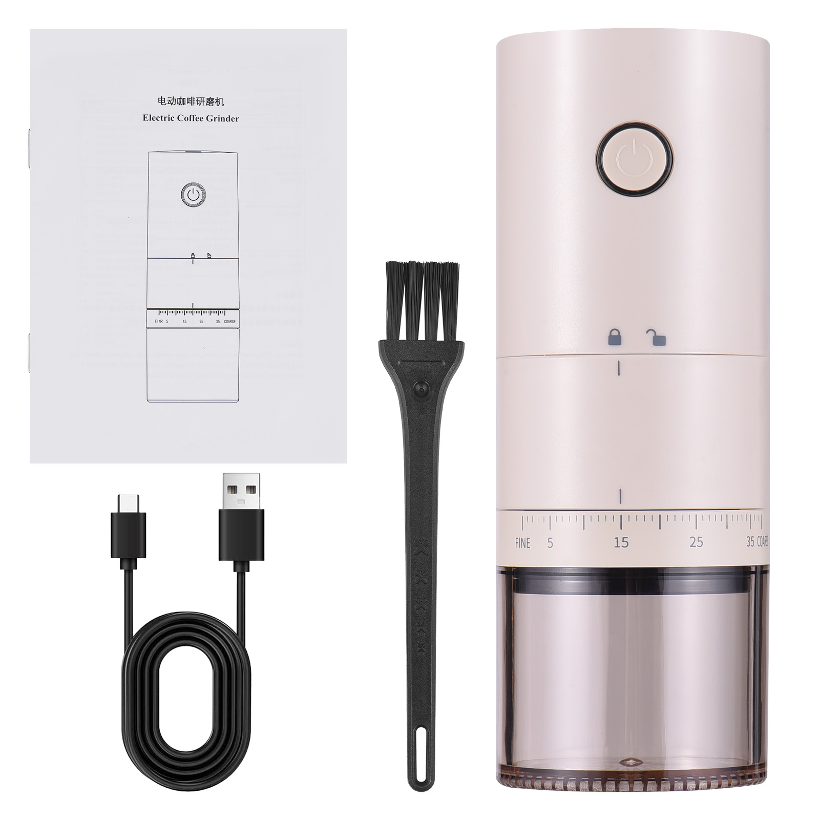 Hb-995 Tragbare Elektrische Kaffeemühle, Beige, Keramikmahlwerk, 38 Mahlgradeinstellungen, 1500-mah-akku, 120-ml-wassertank