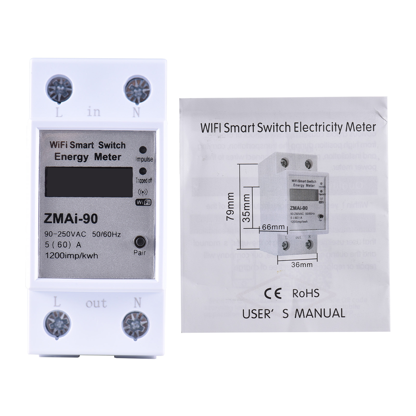 Tuya/smartlife Einphasen-wlan-smartmeter 220v Mit Lcd-display, 5-60a, Din-schienenmontage, Weiß