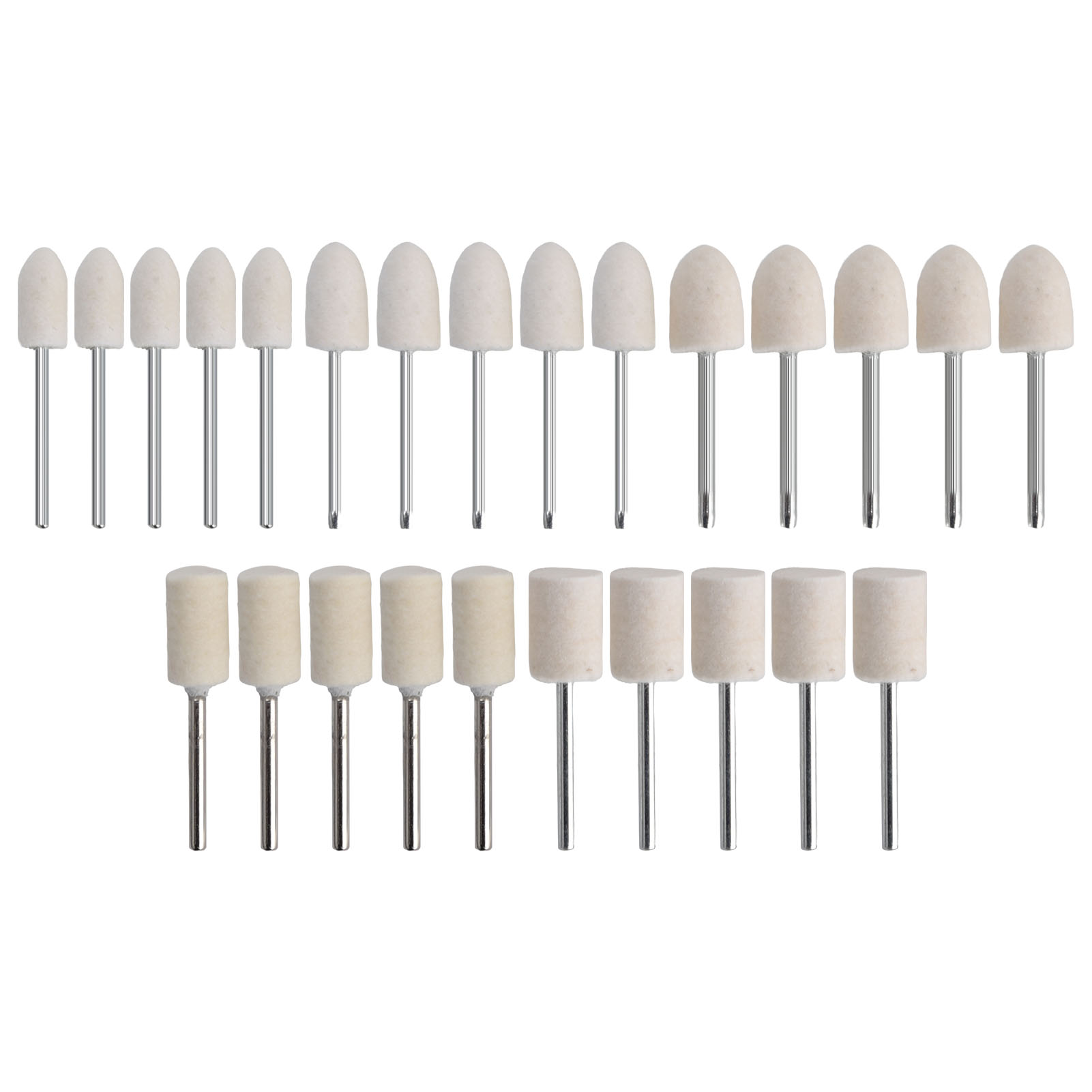 Konvolut Von 25 Polierscheiben Aus Wollfilz, 3 Mm Schaft, Verschiedene Durchmesser 8-12 Mm Für Rotationswerkzeuge Und Bohrmaschinen