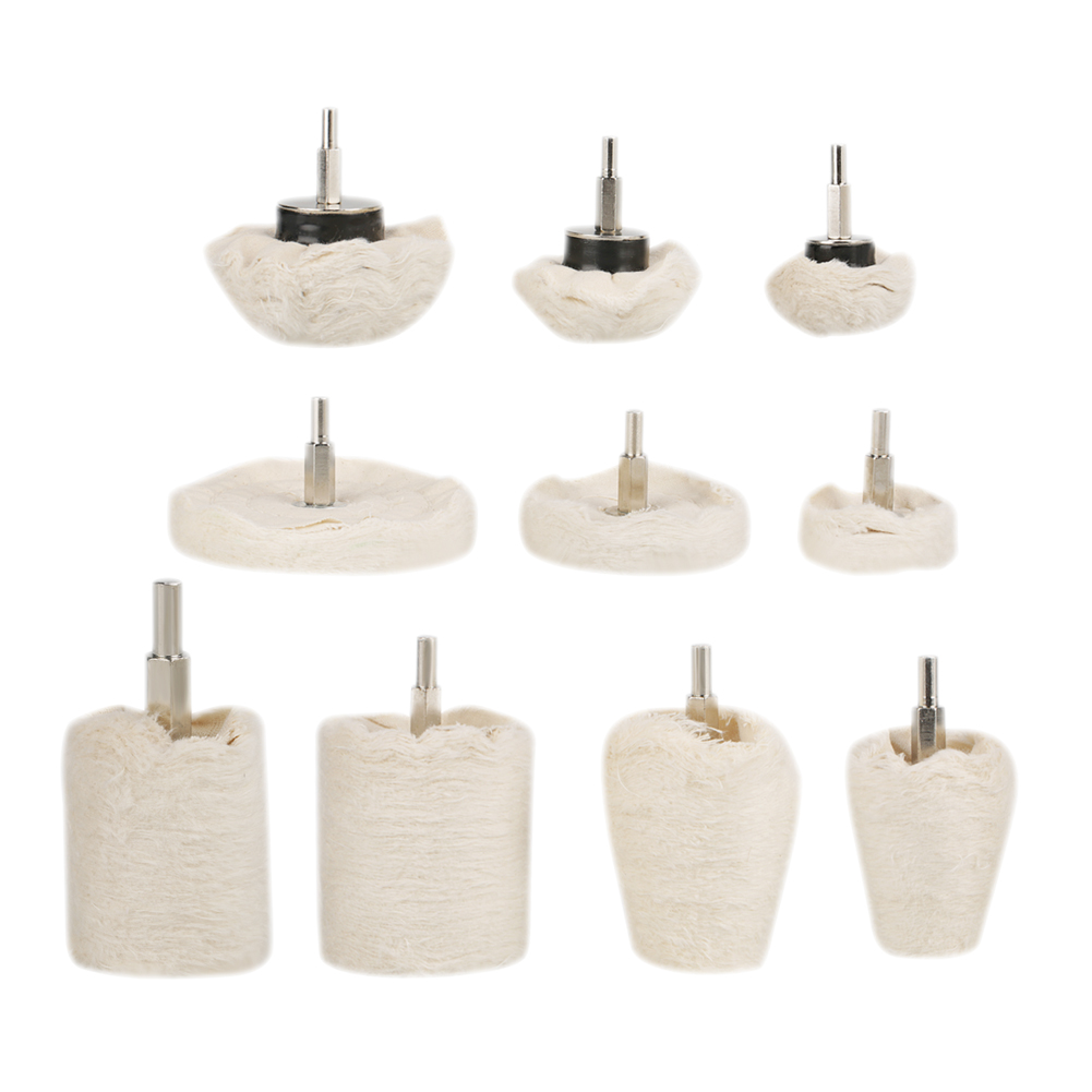 Set Mit 10 Baumwollpolierpads Für Bohrmaschinen, 6 Mm Schaft. Weiße Polierscheiben, 40–100 Mm Durchmesser, Verschiedene Formen Für Ein Spiegelglattes Finish Auf Metall Und Holz.