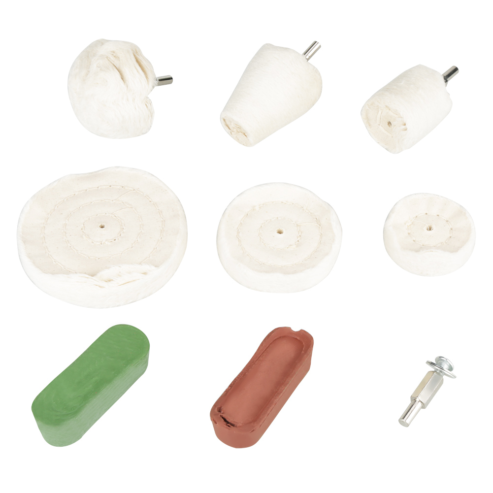 Set Mit 9 Konischen, Zylindrischen Und Pilzförmigen Polierpads Mit Braunen Und Grünen Polierpasten Für Metalle Und Schmuck