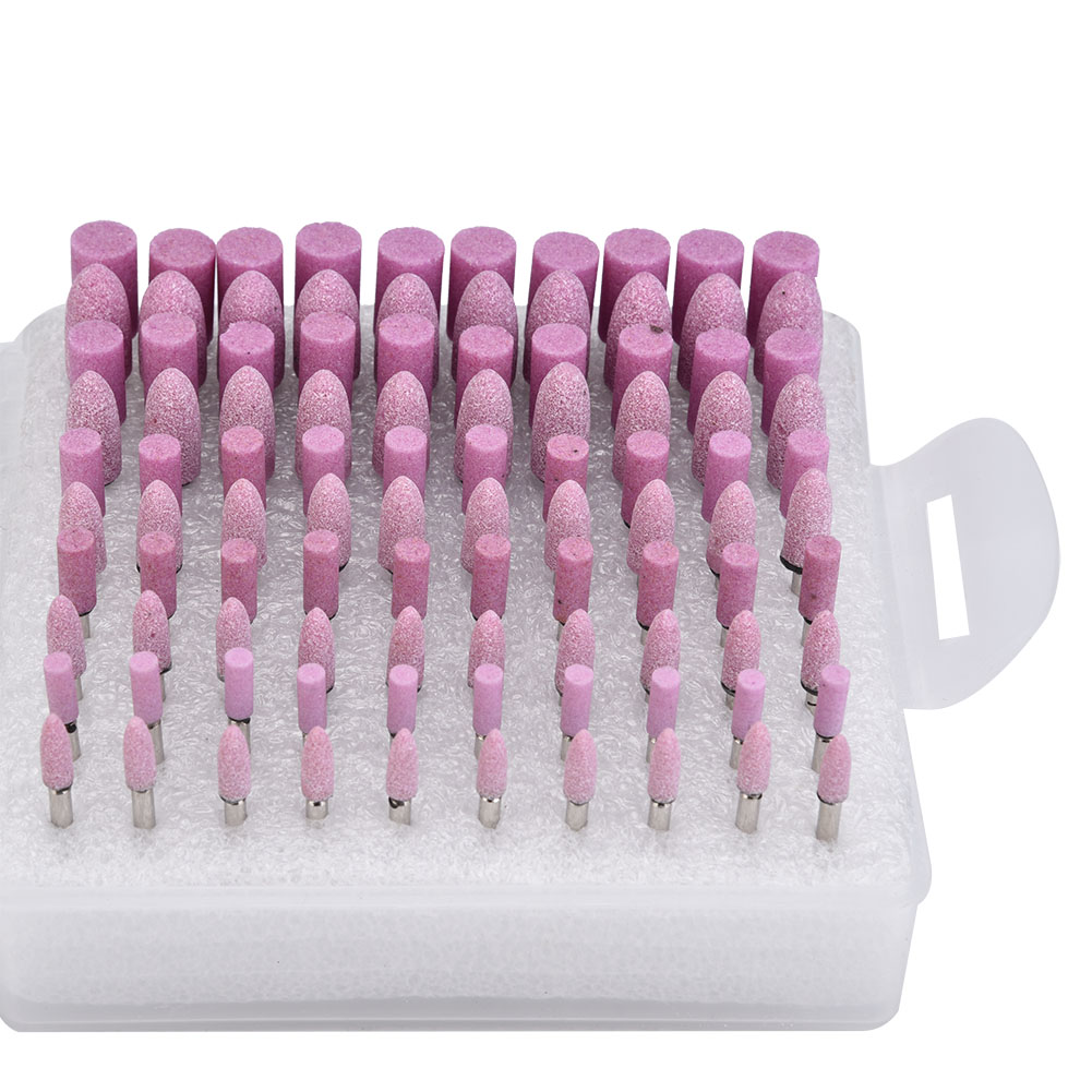 Packung Mit 100 Schleifsteinen, 3-mm-schaft, Rosa. 10 Verschiedene Formen Für Elektrische Und Pneumatische Schleifmaschinen. Inklusive Aufbewahrungskoffer.