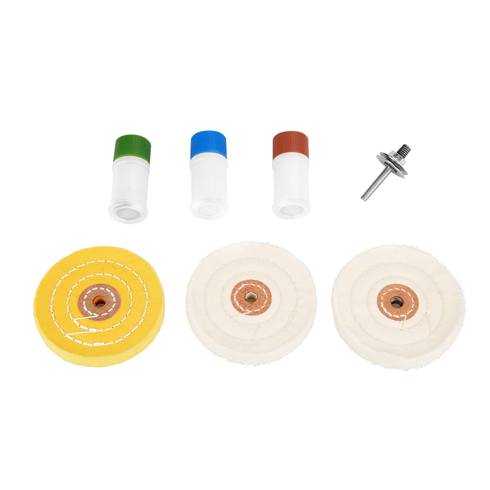 Metallpolierset, 7-teilig – 3 X 100-mm-pads + 3 Schleifpasten + 6,35-mm-bohrstangenaufsatz