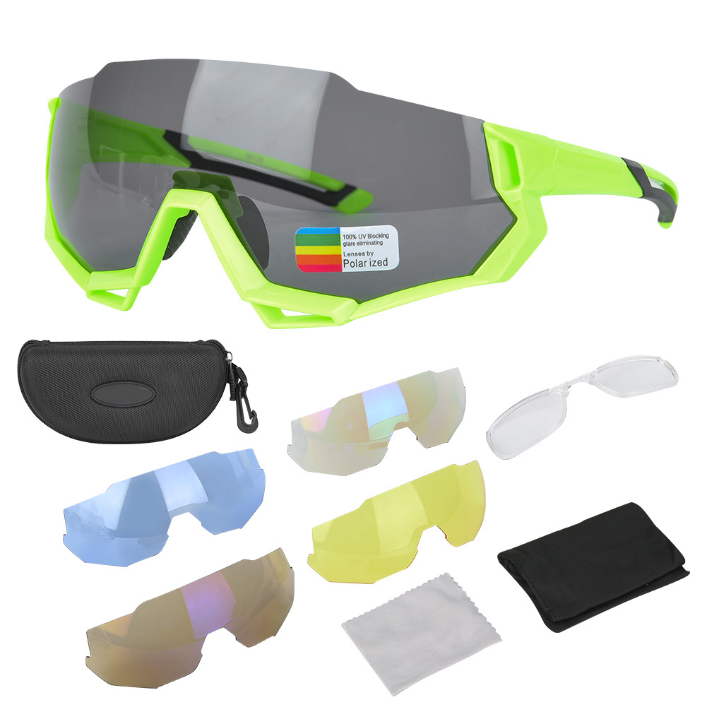 Polarisierte, Winddichte Radbrille In Fluoreszierendem Grün Mit Inklusivem Myopie-rahmen, 4 Austauschbaren Hd-gläsern, Uv-schutz Und Sportlichem Tragekomfort.