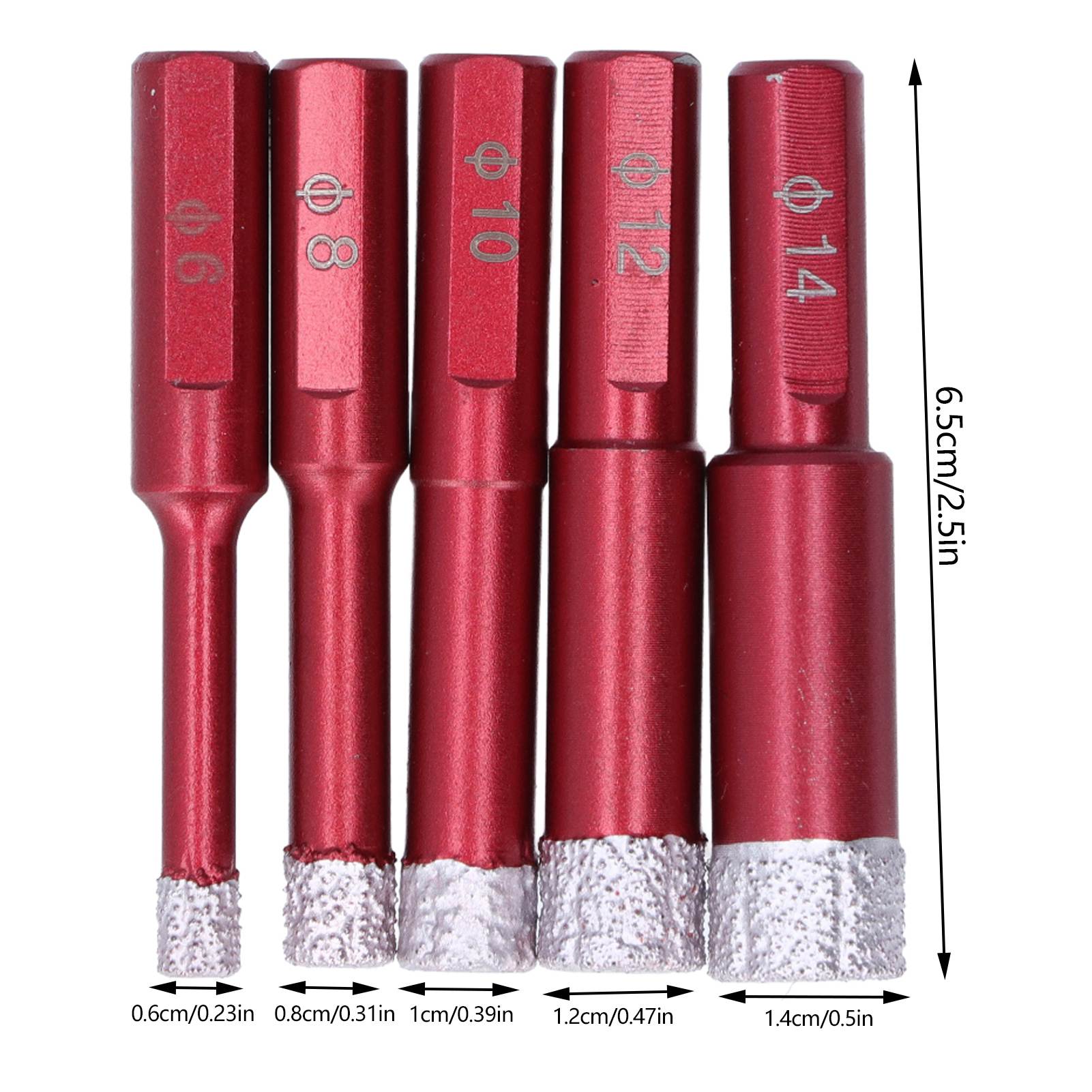 Set Mit 5 Diamantbohrern, Dreikantschaft, 6–14 Mm, Rot, Zum Bohren Von Fliesen Und Granit, Trocken Und Nass, Universell