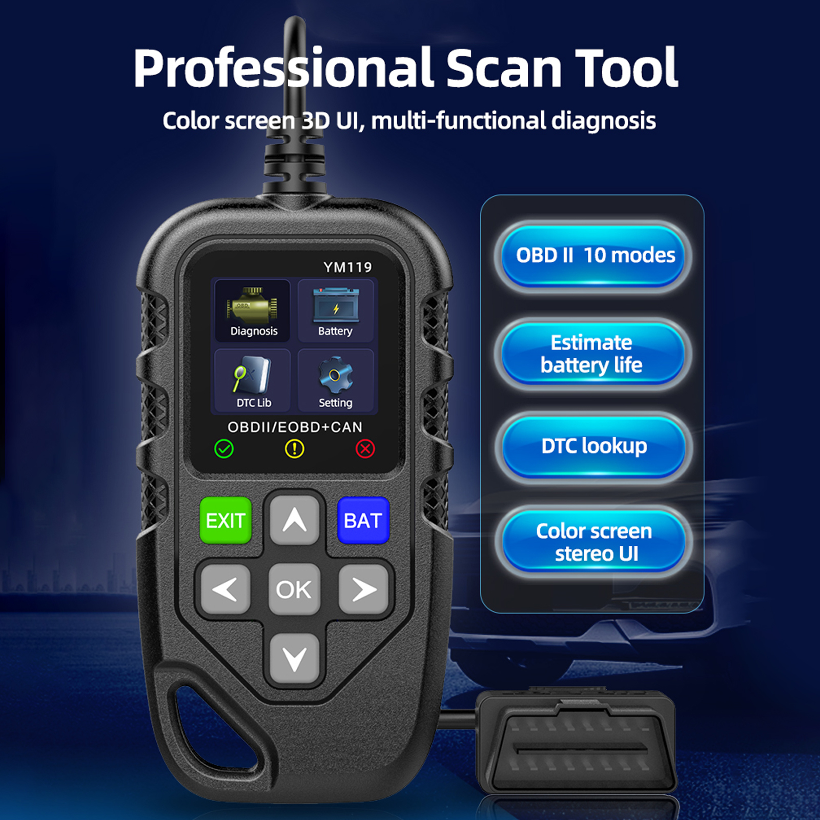 Ym119 Obd2-lesegerät, Schwarz, 1,8"-tft-bildschirm, Integrierter Batterietest