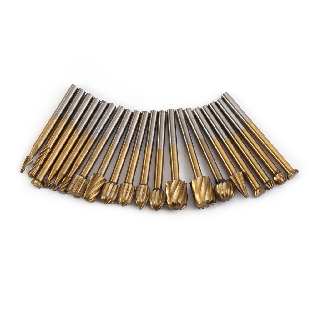 Set Mit 20 Hss-rotationsfräsern Mit Titanbeschichtung Und 3,17-mm-schaft Für Holz, Kunststoff, Schnitzereien Und Präzises Entgraten.