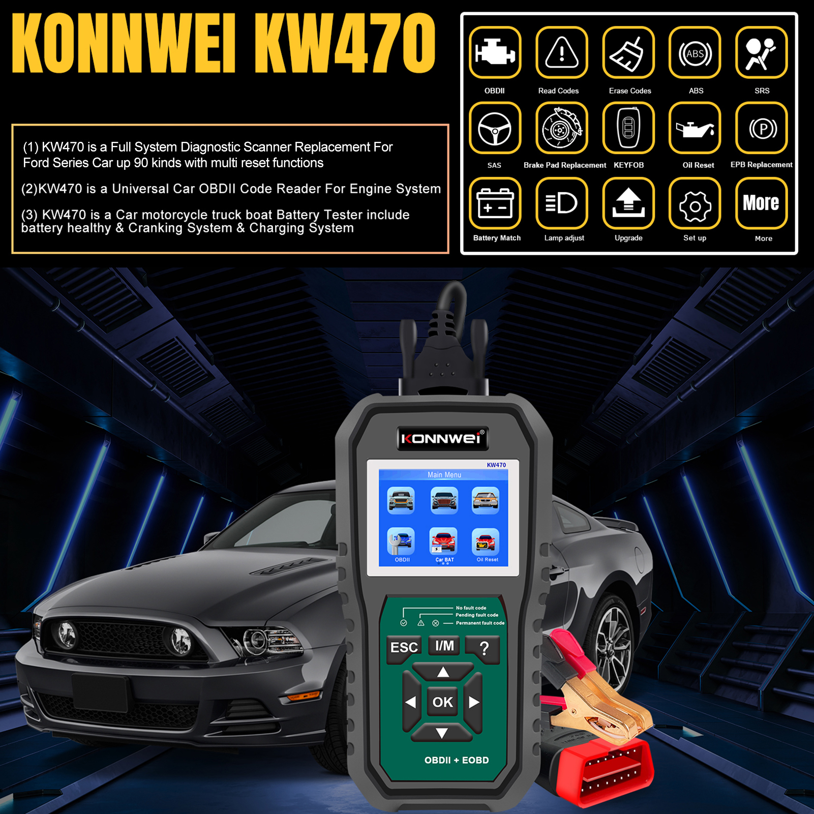 Konnwei Kw470 Obd2-scanner, Schwarz, Abs, 2,8 Zoll, Vollständige Fahrzeugdiagnose, Batterietest, Öl-reset, Epb, Universal