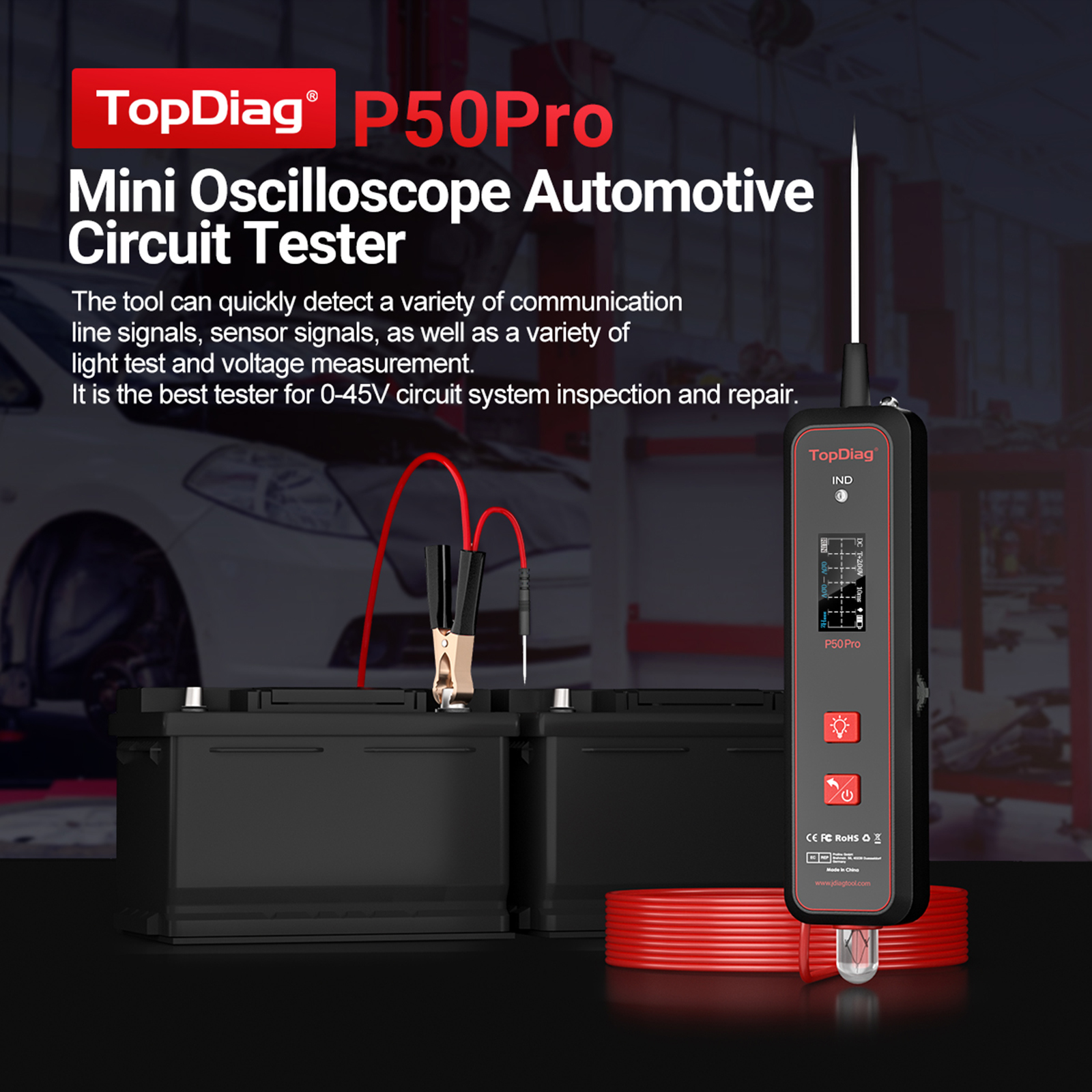 Topdiag P50pro Schaltungstester, Mini-oszilloskop, 5-w-led-lampe, Kompaktes Kfz-diagnosegerät, Tft-bildschirm, Ac/dc-spannung
