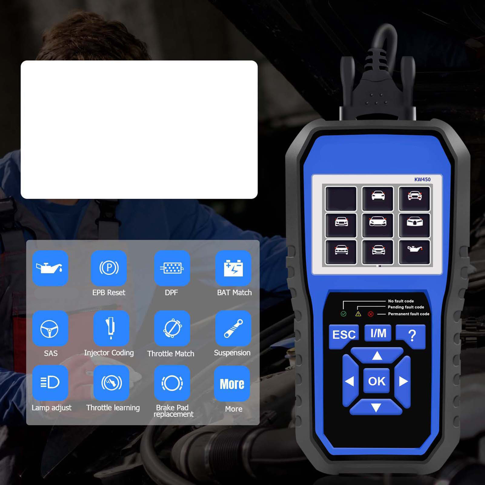 Konnwei Kw450 Obd2 Kfz-diagnosegerät, Alle Systeme, 11 Sonderfunktionen, Abs, Airbag, Dpf, Batterie, 2,8"-bildschirm, Schwarz