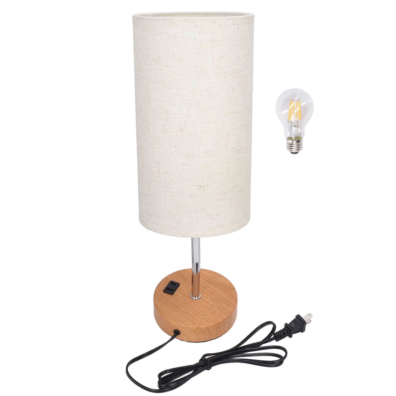 Berührungsempfindliche Led-nachttischlampe Aus Metall Und Leinen Mit Sockel In Holzoptik, Integriertem Usb-netzteil Und Netzstecker, 3 Einstellbare Lichtintensitäten Für Das Schlafzimmer