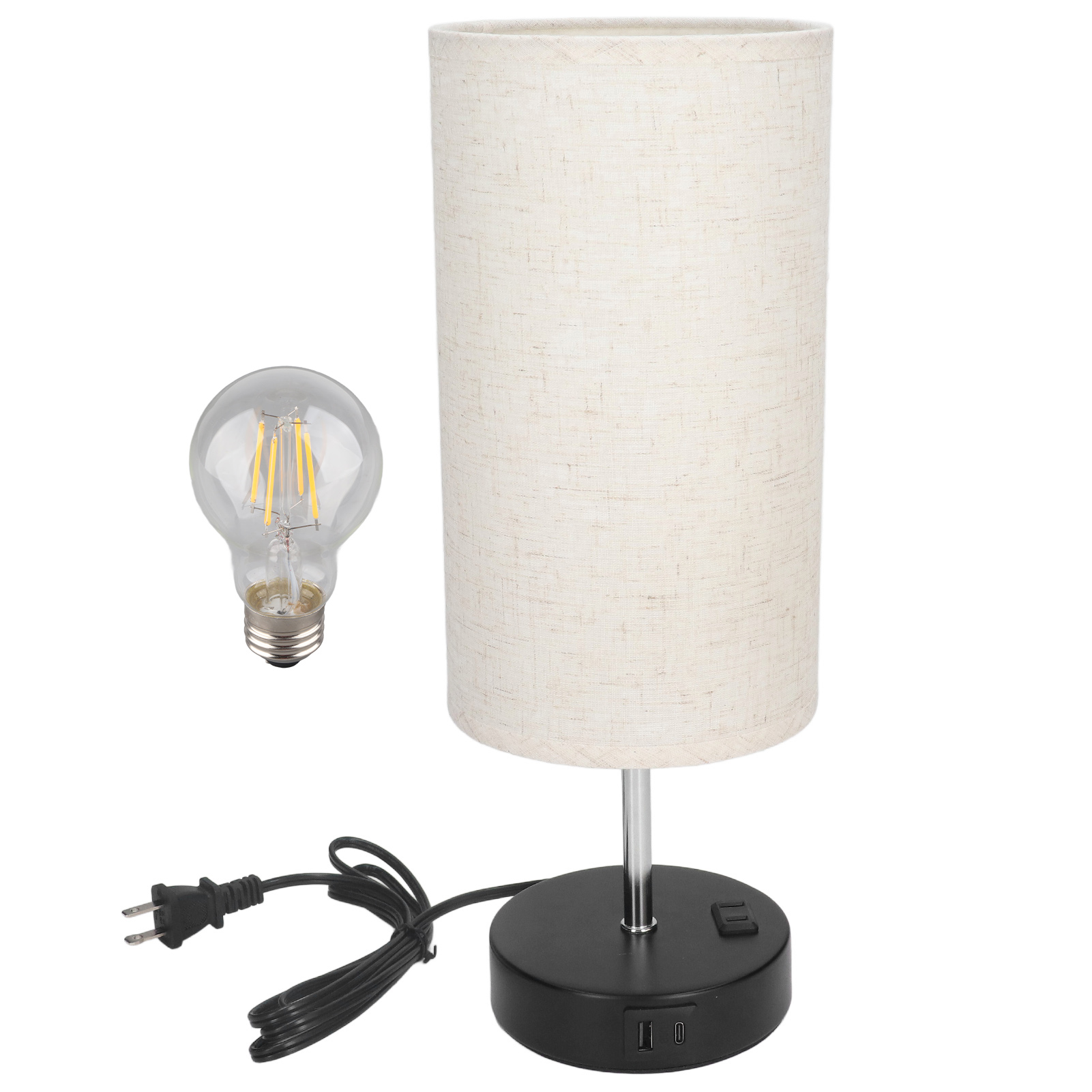 Berührungsempfindliche Led-nachttischlampe Mit 3 Helligkeitsstufen, Beigefarbenem Leinenschirm, Schwarzem Metallfuß, 2 Usb-a- Und Usb-c-anschlüssen, 5-watt-dimmbare Beleuchtung Für Das Schlafzimmer