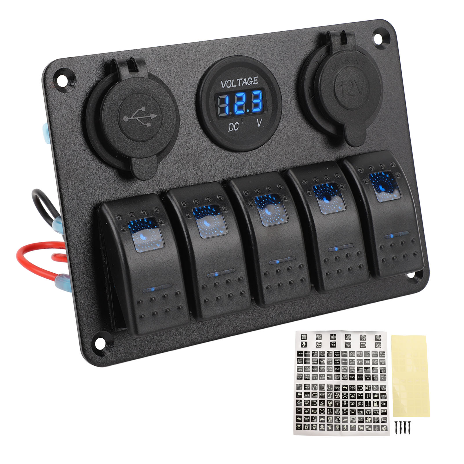 5-wege-schalterpanel – Toivize – Aluminium Ip65 Blau Mit Led-voltmeter, Zwei Usb-anschlüssen Und 12–24-v-zigarettenanzünderbuchse
