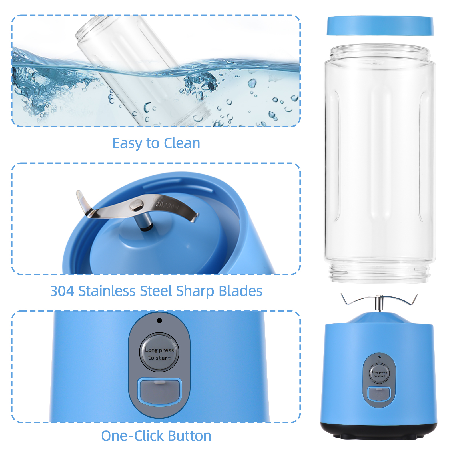 Toivize Tragbarer Standmixer, 450 Ml, Usb-aufladbar, Klingen Aus Edelstahl 304, Wasserdicht (ip65), Kompakt, Leistungsstarke 80 W Für Smoothies, Blau